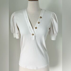 Derek Lam 10 Crosby Heather Puff Sleeve Top Cream Ribbed Knit Size X Small
